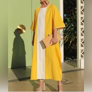 NEW WITH TAGS - Tuckernuck “Celeste” chic yellow & white maxi caftan (XS/S)